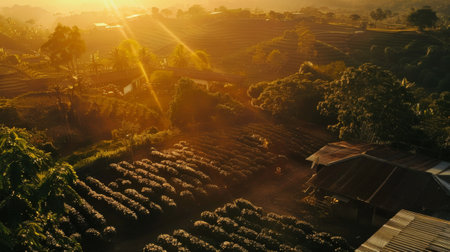 Warm sunrise bathing a rural farm in golden light, with rows of crops and traditional buildings.の素材