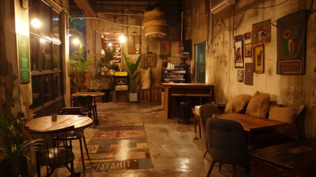 Intimate view of a vintage-style cafe interior with warm lighting, cozy seating, and eclectic decor.の素材