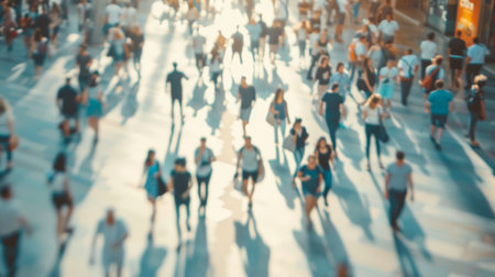 Abstract blur of a busy crowd of people moving in different directions at a public place, useful for background.の素材