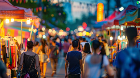 Blurred view of diverse people walking at a lively evening street market, reflecting urban life and culture.の素材