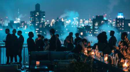 An unfocused group of people gather against a backdrop of city lights at night, conveying urban social life and atmosphere.の素材