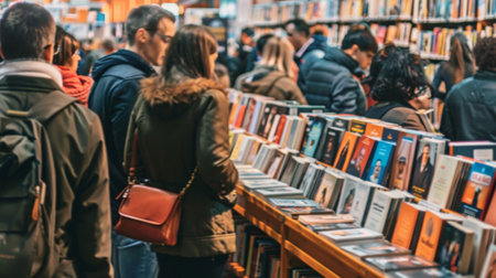 An unfocused image capturing a diverse group of people exploring the aisles of a bookstore, surrounded by shelves filled with various books.の素材
