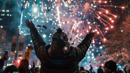 An unfocused view of a diverse crowd celebrating outdoors with a vibrant fireworks display in the urban night sky.の素材