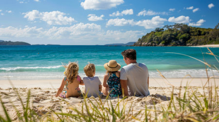 Back view of a family sitting on the sand, gazing at a serene beach and clear blue water, embodying relaxation and togetherness.の素材