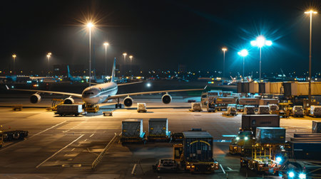 A commercial passenger airplane sits at the gate during nighttime operations at a bustling airport, with cargo and service vehicles nearby.の素材
