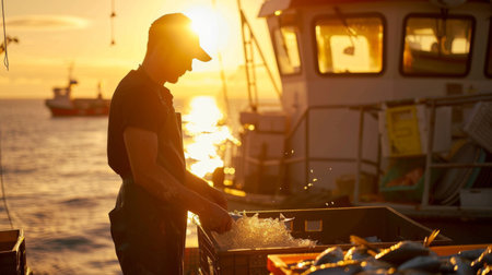A fisherman sorts the days catch on a boat deck, with the golden sunset shimmering over the ocean.の素材