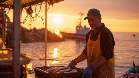 A fisherman sorts through his catch on a dock, with the golden sunrise and a fishing boat in the background.の素材