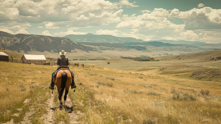 A cowboy on horseback traverses a picturesque, vast prairie with mountains in the background, evoking a sense of adventure and tranquility.の素材