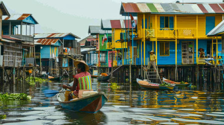 Local person rowing a boat with colorful stilt houses lining the bank of a placid river, reflecting the vibrant hues and calm life.の素材