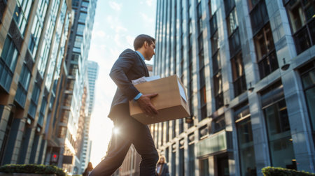 Young executive in a suit carries a box through the bustling streets of the business district, exuding confidence and professionalism.の素材