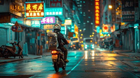 A motorcyclist weaves through a deserted, neon-sign splattered urban street at night, reflecting the citys vibrant nightlife.の素材