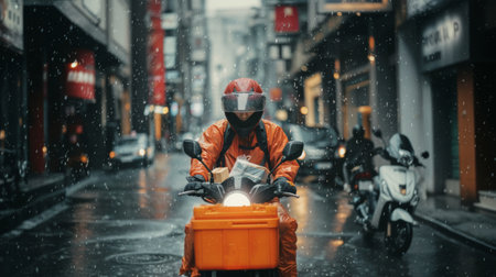 A resilient delivery person in an orange jacket rides a motorcycle through the snowy streets, ensuring timely parcel transportation against a bustling city backdrop.の素材