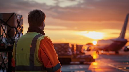 Back view of an airport ground crew member watching over cargo with a beautiful sunset and airplane in the background.の素材