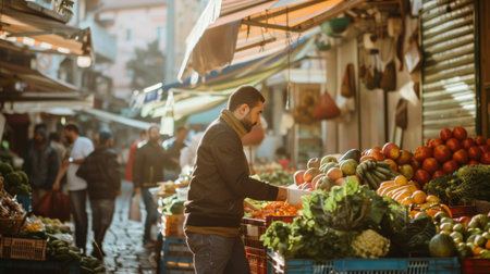 A man carefully selects fresh vegetables at a bustling local market with an array of colorful produce on display.の素材