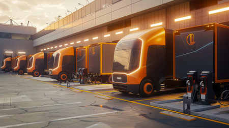 Modern electric trucks lined up at a logistics hub with charging stations during a vibrant sunset.の素材