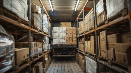 A glimpse into a bustling warehouse interior stacked with high shelves filled with various boxes and goods.の素材