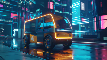 A modern autonomous electric vehicle drives through a cityscape illuminated with neon lights, reflecting advanced transportation technology.の素材