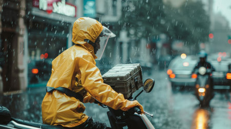 A determined delivery rider in a yellow raincoat on a scooter navigating through the city streets amidst a downpour.の素材