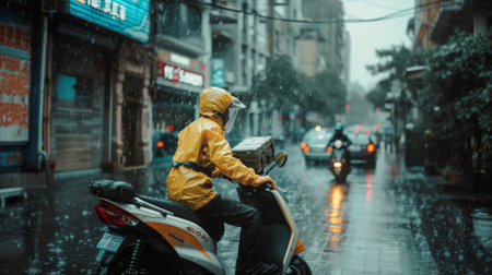 A delivery rider in a yellow raincoat braves the rainy weather, navigating through a busy urban street.の素材