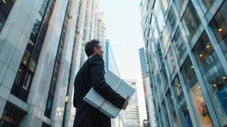 A professional businessman strides through a glass-walled corridor in an urban city environment carrying documents.の素材