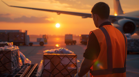 Rear view of an airline worker in a reflective vest watching over airplane cargo during a colorful sunrise at the airport.の素材