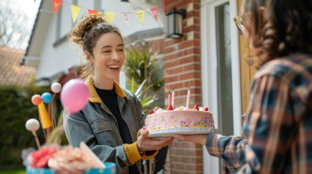A group of friends gather outside to celebrate a birthday, presenting a colorful cake with candles, surrounded by balloons and decorations.の素材