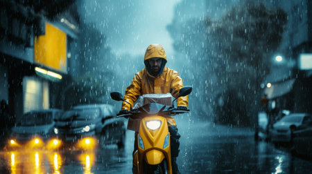 A delivery person in a yellow raincoat is riding a motorcycle during a heavy rain in an urban setting, embodying determination and city life.の素材