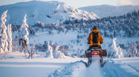 A person rides a snowmobile through snow-covered trees on a bright winter day, evoking a sense of adventure, exploration, and the beauty of winter.の素材