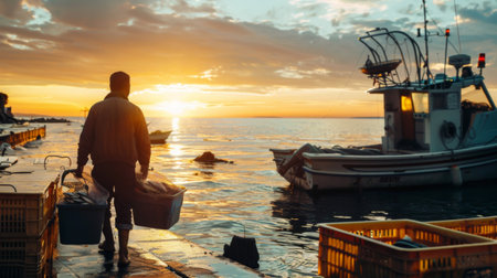 An early morning scene as a fisherman carries nets and baskets back from a moored boat, with the sunrise creating a warm, tranquil atmosphere.の素材
