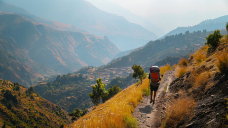 A single traveler with a backpack hikes on a scenic mountain trail amidst golden hills during a warm sunset.の素材