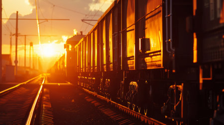 A warm golden sunset casting glow over a cargo freight train on tracks, symbolizing travel and industry.の素材