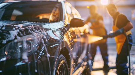 Two workers at a professional car wash service diligently cleaning a shiny black car using high-pressure water hoses during a picturesque sunset.の素材