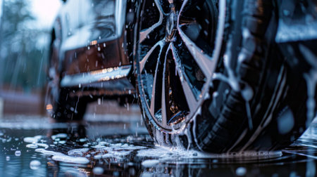 Close-up of a luxury cars wheel detailing in the rain, focusing on the rim and tire with reflective water droplets.の素材