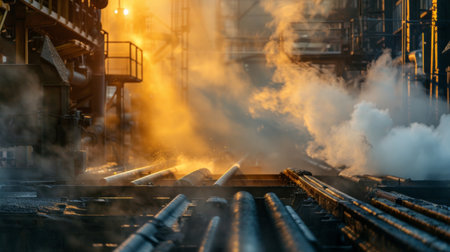 An industrial steel production scene with billowing smoke and a warm golden glow highlighting the powerful manufacturing process.の素材