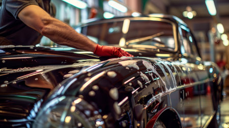 Close-up of a professional car detailing in process on a classic car with selective focus and blurred background.の素材