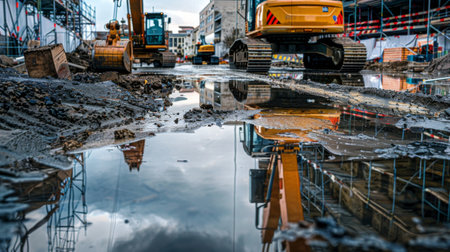 A detailed image of a construction site featuring heavy machinery, building materials, and water puddles reflecting the industrial scenery.の素材