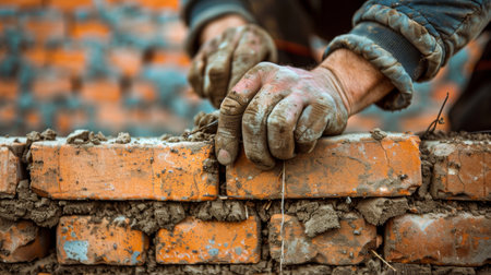 Close-up of a skilled construction workers hands meticulously laying bricks to form a wall at a new building site.の素材
