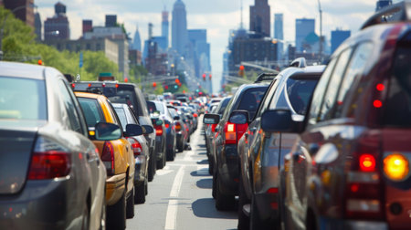 A close-up view of a traffic jam with frustrated drivers stuck in bumper-to-bumper congestion in an urban setting.の素材