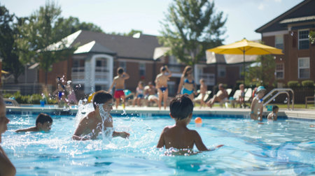 A joyful scene at a community pool as families enjoy a sunny day with children playing and swimming in the water, reflecting summer and leisure time.の素材