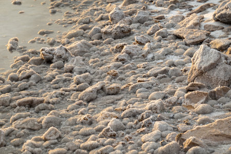 Natural salt formations covering rocky shore by the sea. Detailed texture and close-up view of crystallized salt.の写真素材