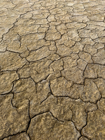 Close-up of dry, cracked earth depicting the impact of drought and climate change on the...