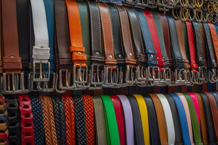 Vibrant collection of leather belts shows variety of colors and styles, perfect for fashion enthusiasts.の写真素材