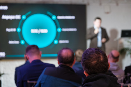 Business presentation with audience focusing on a digital visual display in a conference setting.