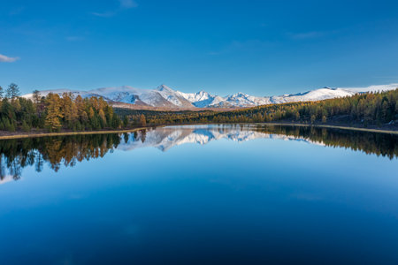 Mountain lake with crystal-clear reflection of snowy peaks and autumn trees under blue sky. Peaceful and natural scenery ideal for meditative and remote landscapes.の写真素材