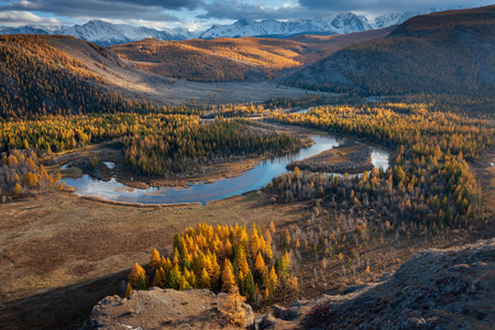 Scenic aerial view of vibrant autumn foliage, meandering river, forested valley, and mountain backdrop.の写真素材