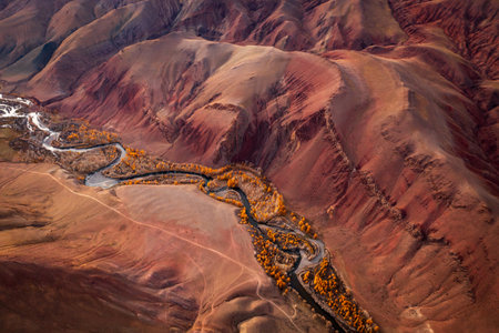 Aerial image of red and orange hills in Altai Mountains featuring a winding river. The surreal landscape resembles Mars with unique erosion patterns vibrant autumn colors creating a picturesque scene.の写真素材