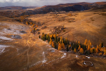 Golden autumn colors in a rugged landscape with trees and mountains viewed from aboveの写真素材