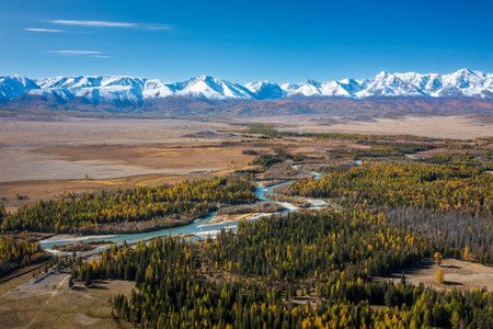 Scenic view of winding river through forest and valley with snow-capped mountains on horizon, showcasing vibrant fall colors, peaceful nature, wilderness beautyの写真素材