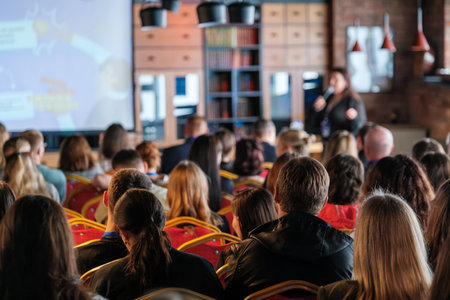 Large audience listening to a speaker in a seminar room with a projector screen visible.