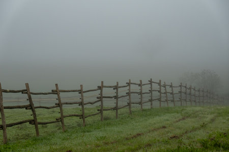 Misty rural scenery with wooden fence and meadow blending into foggy background, evoking calm ambiance.の写真素材